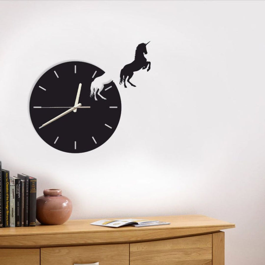 Modern Unicorn Wall Clock for Kids & Home Décor – Black Minimalist Clock with 3D Running Unicorn Design