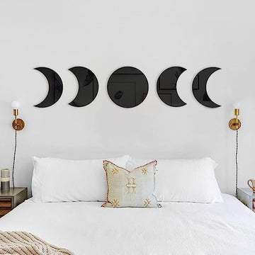 Moon Phase Acrylic Wall Art Set – Modern Black Mirror Décor for Boho Living Room or Bedroom Walls